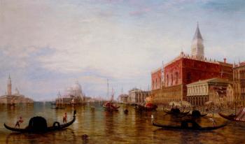 Edward Pritchett : Pollentine Alfred Gondolas On The Grand Canal In Front Of The Doges Palace Venice